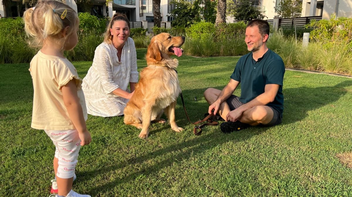 Professional dog trainer working with a dog and owner